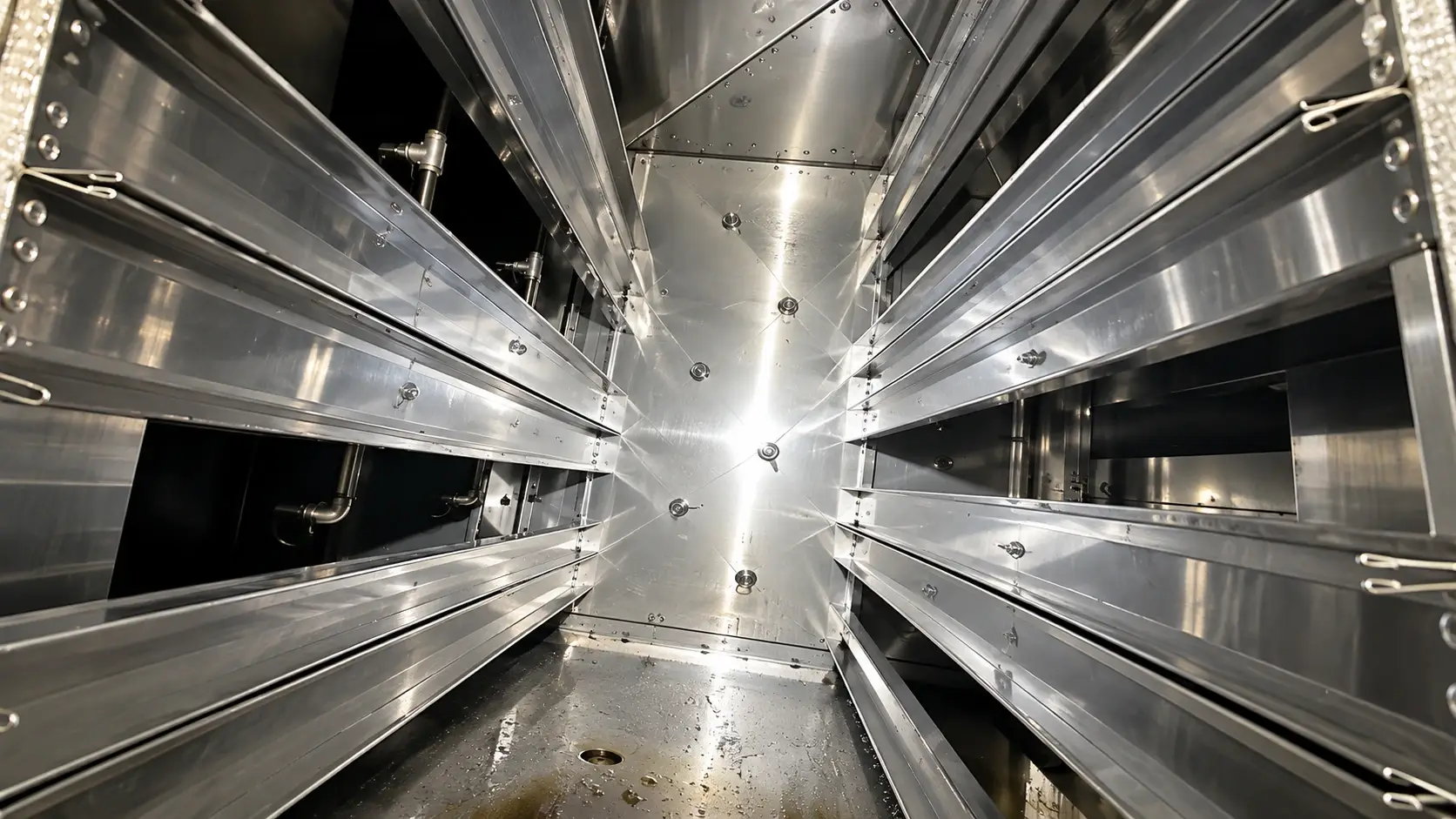 Clean stainless steel interior of a commercial kitchen exhaust duct system with access rails, metal panels, and drainage area visible.