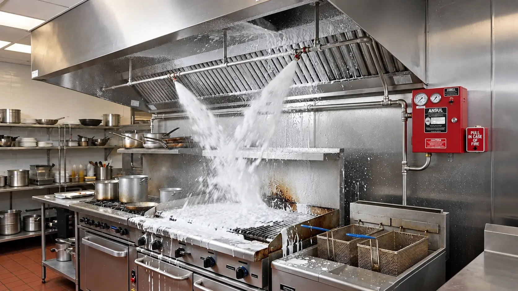 Commercial kitchen fire suppression system releasing foam over cooking equipment during hood and exhaust system safety service