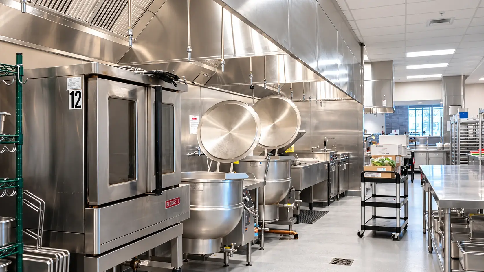 Clean commercial kitchen with stainless steel exhaust hood, cooking equipment, and ventilation system for professional hood cleaning and NFPA 96 maintenance