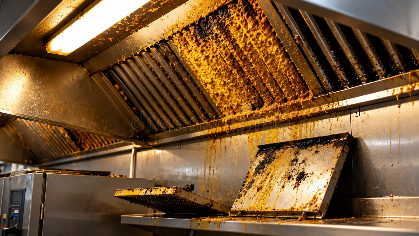 Heavy grease buildup on commercial kitchen exhaust hood and baffle filters requiring professional kitchen hood cleaning and grease removal.