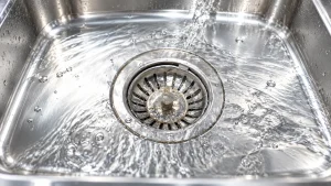 Clean stainless steel commercial kitchen sink with water flowing into the drain, highlighting proper kitchen sanitation and drainage maintenance.