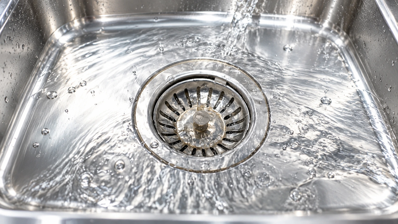 Clean stainless steel commercial kitchen sink with water flowing into the drain, highlighting proper kitchen sanitation and drainage maintenance.